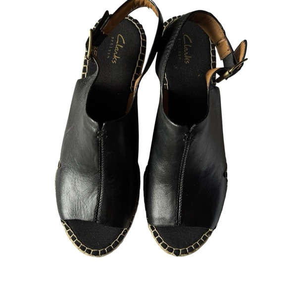 Clark’s - Artisan Black Leather Espadrille Wedge Sandals Sz 9 - Picture 3 of 12